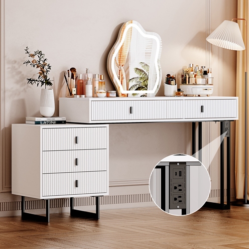 Vanity desk with mirror and lights, with 3 Color Touch Screen Dimming Mirror, Modern Retractable Makeup Dressing Table with Adjustable Cabinet and 5 Sliding Drawers,Vanity Table with Power Strip,White