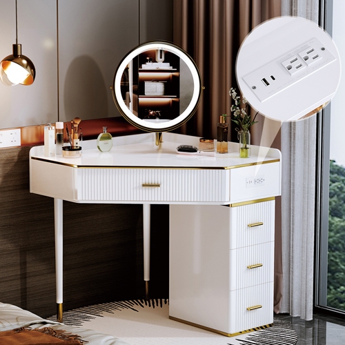 Makeup Vanity Desk with Mirror and Lights, Modern White Corner Vanity Desk, Large Size Corner Vanity Desk, Vanity Table with 4 Drawers, With Power Strip and Nightstand,Writing Desk, White Vanity
