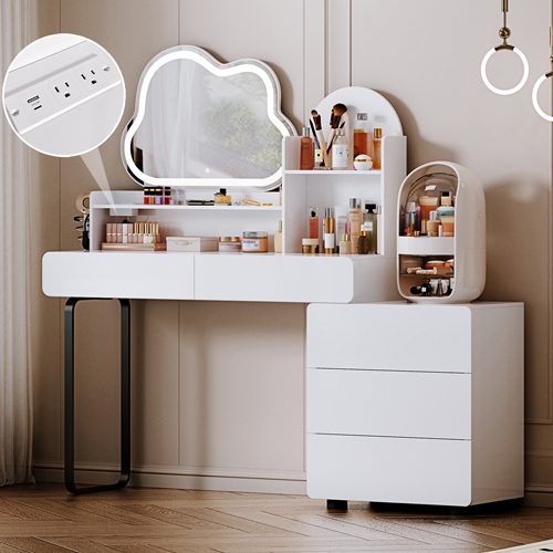 Large Vanity Desk with Mirror and Lights,Makeup Vanity with 5 Drawers,Modern Makeup Table with Power Outle and Adjustable Cabinet,3 Shelves，for Bedroom,Makeup Room,White