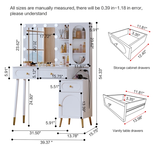 Vanity Desk with Mirror and Lights,Modern High Capacity Makeup Vanity with 3 Drawers，Makeup Table with Power Outlet and 10 Lights for Bedroom,Makeup Room, White