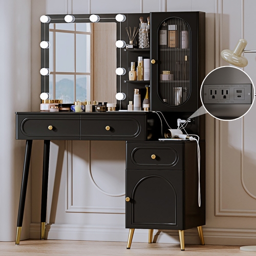 Vanity Desk with Mirror and Lights,Modern High Capacity Makeup Vanity with 3 Drawers,Makeup Table with Power Outlet and 10 Lights,Writing Desk for Bedroom,Makeup Room, Black