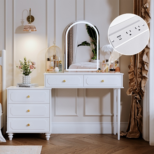 Vanity Desk with Mirror and Lights,Makeup Vanity with Power Outlet and Adjustable Cabinet,Modern Makeup Table with 3 Drawers for Bedroom Makeup Room,Writing Desk White