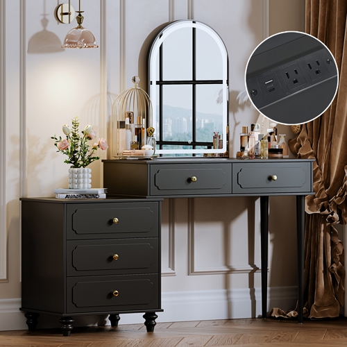 Vanity Desk with Mirror and Lights,Makeup Vanity with Power Outlet and Adjustable Cabinet,Modern Makeup Table with 3 Drawers for Bedroom Makeup Room,Writing Desk Black